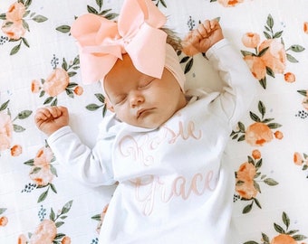 Monogrammed gown with matching bow, personalized baby gown, coming home outfit, monogram, newborn pictures, baby, custom