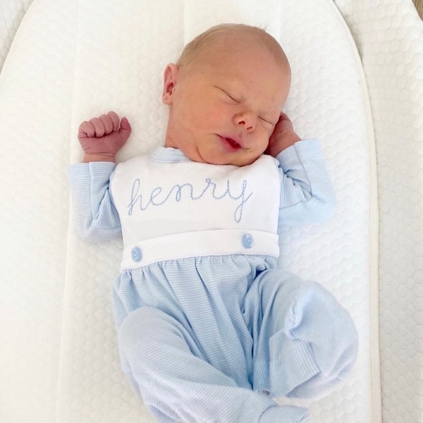 Baby boy coming home outfit, Monogrammed footie romper, Personalized Baby gift, sleeper, newborn pictures, blue tiny stripe bib front footie