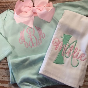 Baby girl coming home outfit, Monogrammed mint gown with matching bow, newborn coming home outfit, personalized baby shower gift, embroidery