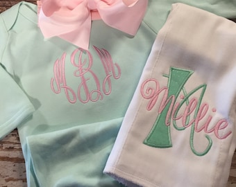 Baby girl coming home outfit, Monogrammed mint gown with matching bow, newborn coming home outfit, personalized baby shower gift, embroidery