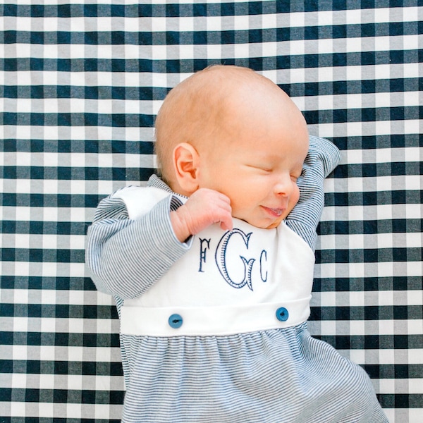 Baby boy coming home outfit, Monogrammed footie, monogram romper, Personalized Baby gift, pima cotton, shower, bib front navy, newborn photo