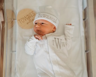 Baby boy coming home outfit, size newborn or 0-3 month, monogram footie, baby shower gift, pima cotton, newborn photos, gray and white