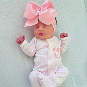 Baby girl coming home outfit, monogrammed newborn outfit, pink stripes outfit, pima cotton, personalized baby shower gift, mini stripes