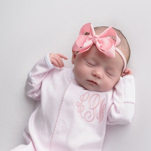 Baby girl coming home outfit, monogrammed footie, blanket, personalized outfit, pima cotton, baby shower gift, pink tiny stripes