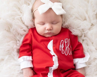 Baby girl Christmas outfit, baby girl coming home outfit, baby girl clothing, girl firefighter outfit, pima cotton, red ruffle footie