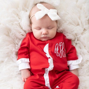 Baby girl Christmas outfit, baby girl coming home outfit, baby girl clothing, girl firefighter outfit, pima cotton, red ruffle footie