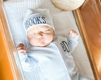 Baby boy coming home outfit,  Monogrammed footie, Baby gift, Monogrammed sleeper, blue tiny stripes