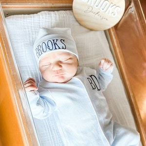 Baby boy coming home outfit, Monogrammed footie, Baby gift, Monogrammed sleeper, blue tiny stripes image 1