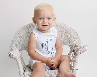 Monogrammed bubble, boys bubble, summer outfit, boys birthday present,  sk creations, pima cotton, blue mini stripe