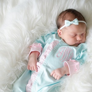 Baby girl coming home outfit, monogrammed footie, newborn clothing, girl clothing, baby shower gift, sleeper, ruffle footie mint
