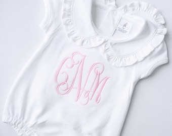 Monogrammed bubble, girls summer bubble, personalized, baby clothing, shower gift, ruffle collar, sk creations, pima cotton, baptism  outfit