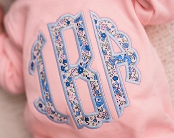 Baby girl coming home outfit, hospital outfit, monogrammed, personalized, sk creations, pink ruffle