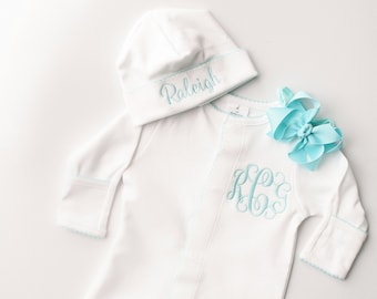 Monogrammed Pima Cotton Baby Footie, Mint Trim, Newborn Outfit