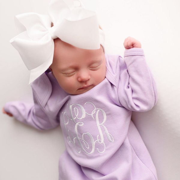 Monogrammed gown with matching bow, personalized baby gown, baby girl coming home outfit, monogram, newborn pictures, baby, custom