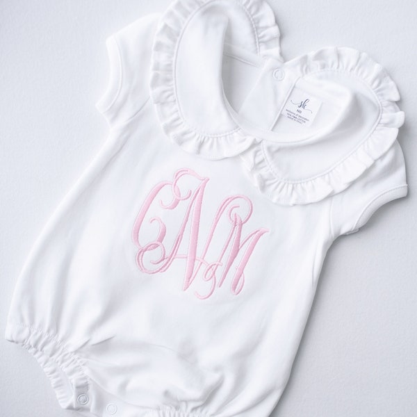 Monogrammed bubble, girls summer bubble, personalized, baby clothing, shower gift, ruffle collar, sk creations, pima cotton, baptism  outfit