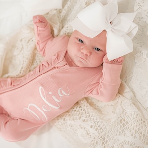 Personalized baby outfit and bow set, custom baby girl coming home outfit, embroidery baby gift, monogrammed sleeper, zip footie, ribbed