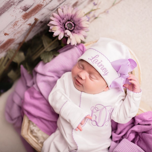 Baby girl coming home outfit, newborn coming home outfit, lilac lavender, monogrammed footie, baby shower gift, pima cotton, newborn photo