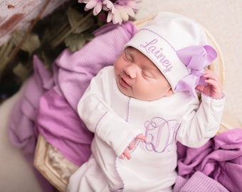 Baby girl coming home outfit, newborn coming home outfit, lilac lavender, monogrammed footie, baby shower gift, pima cotton, newborn photo