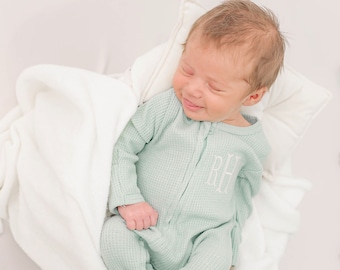 Baby boy coming home outfit, Monogram newborn footie, newborn picture outfit, monogram baby clothing, baby boy, sage waffle, zip footie