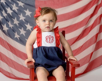 Girls Patriotic outfit, fourth of july outfit, 4th monogrammed bubble, dress, personalized sunsuit, baby girl clothing,  birthday outfit