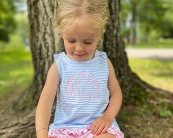 Girls Bloomer Set, monogrammed bloomer set, girls summer outfit, sk creations, pima cotton, monogram summer outfit, blue stripes