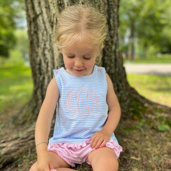 Girls Bloomer Set, monogrammed bloomer set, girls summer outfit, sk creations, pima cotton, monogram summer outfit, blue stripes