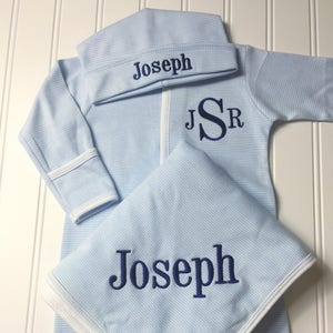 Baby boy coming home outfit, Monogrammed footie, Baby gift, Monogrammed sleeper, blue tiny stripes image 4