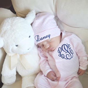 Baby girl coming home outfit, Monogrammed footie, Personalized Baby gift, Monogrammed sleeper, pima cotton, newborn pictures, pink stripes image 3