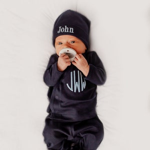 Baby boy coming home outfit, monogrammed coming home outfit, newborn coming home outfit, kimono set, pima cotton, sk creations, navy kimono