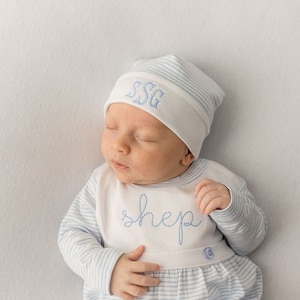 Baby boy coming home outfit, Monogrammed footie romper, Personalized Baby gift, sleeper, newborn pictures, blue mini stripe bib front footie