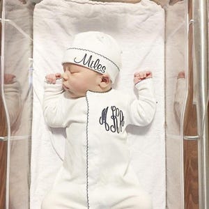Baby boy coming home outfit, newborn coming home outfit, Navy boys outfit, monogrammed footie, baby shower gift, pima cotton, newborn photos