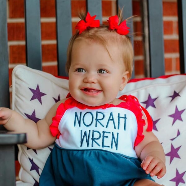Girls ourth of july outfit, 4th, patriotic outfit, monogrammed bubble, personalized sunsuit, baby girl clothing,  birthday outfit