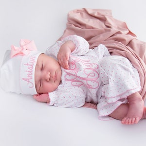 Baby girl coming home outfit, monogrammed ruffle romper, pima cotton, sk creations, Preemie, Newborn, pink dot