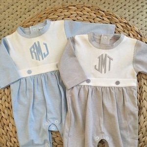 Baby boy coming home outfit, Monogrammed footie romper, Personalized Baby gift, sleeper, newborn pictures, blue tiny stripe bib front footie image 7