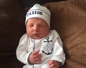Baby boy coming home outfit, anchor newborn coming outfit, Navy outfit, monogrammed footie, baby shower gift, pima cotton, newborn photos