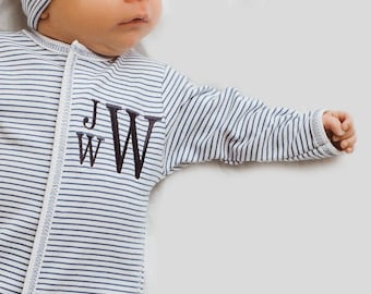 Baby boy coming home outfit,  baby gift, Monogrammed footie, Monogrammed sleeper, navy mini stripes