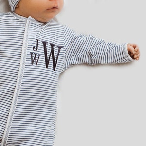 Baby boy coming home outfit,  baby gift, Monogrammed footie, Monogrammed sleeper, navy mini stripes