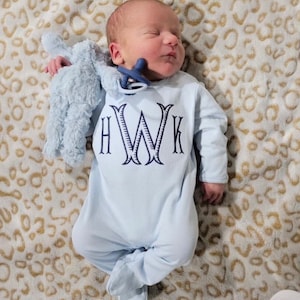 Baby boy coming home outfit, monogrammed coming home set, boys footie, Pima Cotton, sk creations, blue stripes