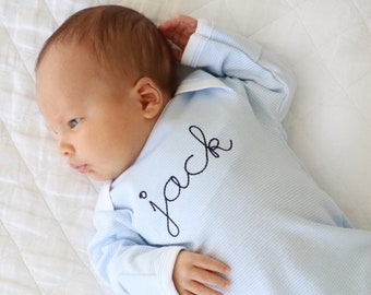 Personalized baby boy outfit, monogrammed baby boy clothing, embroidered shirt, baby shower gift, pima cotton, hand covers