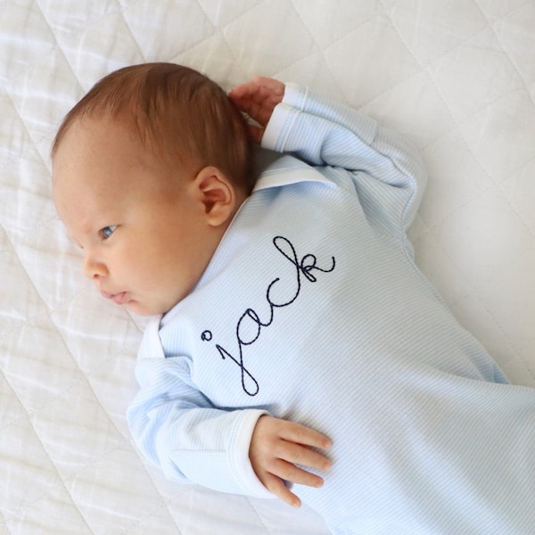Personalized baby boy outfit, monogrammed baby boy clothing, embroidered shirt, baby shower gift, pima cotton, hand covers