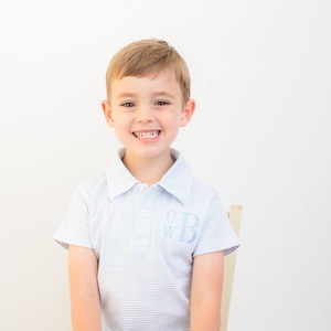 Boys Monogrammed polo, boys polo, personalized polo, 4th of july outfit, boys, pima cotton, sk creations, blue mini stripe
