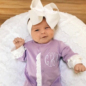 Baby girl coming home outfit, monogrammed footie, ruffle footie lavender, newborn picture outfit, baby girl clothing, baby shower gift,