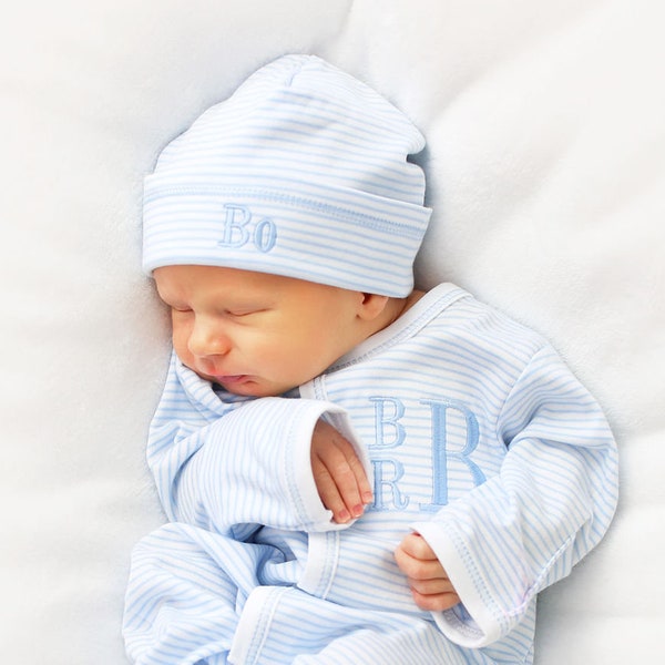 Baby boy coming home outfit,  baby gift, Monogrammed footie, Monogrammed sleeper, blue mini stripes
