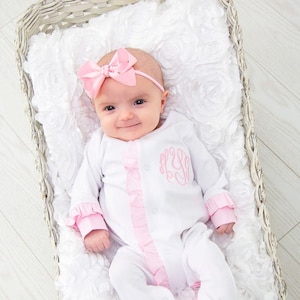 Baby girl coming home outfit, monogrammed footie, ruffle footie white, newborn picture outfit, baby girl clothing, baby shower gift, pima image 2