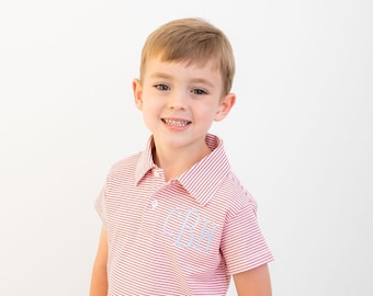 Boys Patriotic outfit, monogrammed polo, boys polo, personalized polo, 4th of july outfit, boys, pima cotton, sk creations, red mini stripe