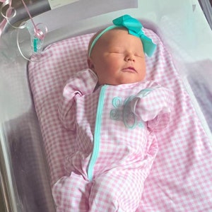 baby girl coming home outfit, pink check, sk creations, mint and pink