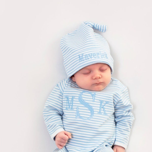 Baby boy coming home outfit, monogrammed coming home set, boys footie, Pima Cotton, sk creations, blue stripes