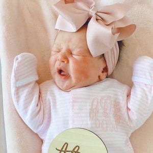 Baby girl coming home outfit, Monogrammed footie, Personalized Baby gift, Monogrammed sleeper, pima cotton, newborn pictures, pink stripes image 2