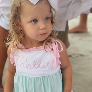 Girls Romper, monogrammed bubble, personalized sunsuit, baby girl clothing, 1st birthday gift, birthday outfit, mint and pink, sk creations