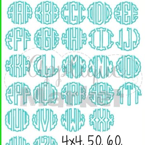 May include: A collection of teal monogram applique designs in a scalloped circle shape. The letters A through Z are displayed. The sizes are 4x4, 5.0, 6.0, 7.5, and 9.0 inch.